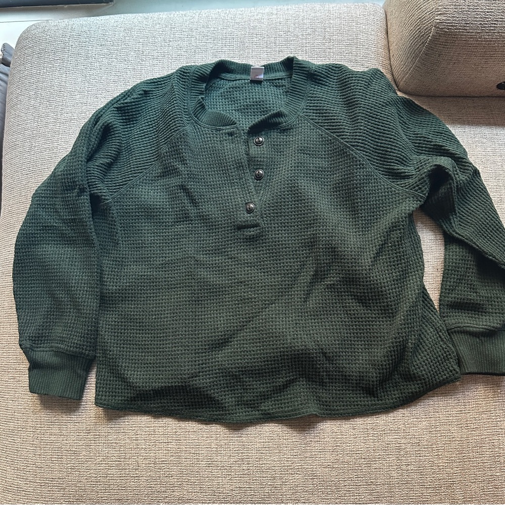 Green Waffle Knit Henley Sweater